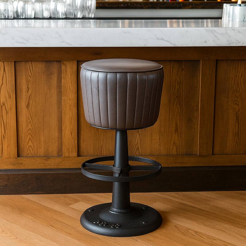 Myra Mushroom Counter Stool, Black Ribbed Leather, Dark Gray Iron Base