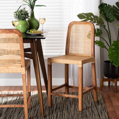 Caspia Mid-Century Mahogany Wood & Natural Rattan Counter Stool
