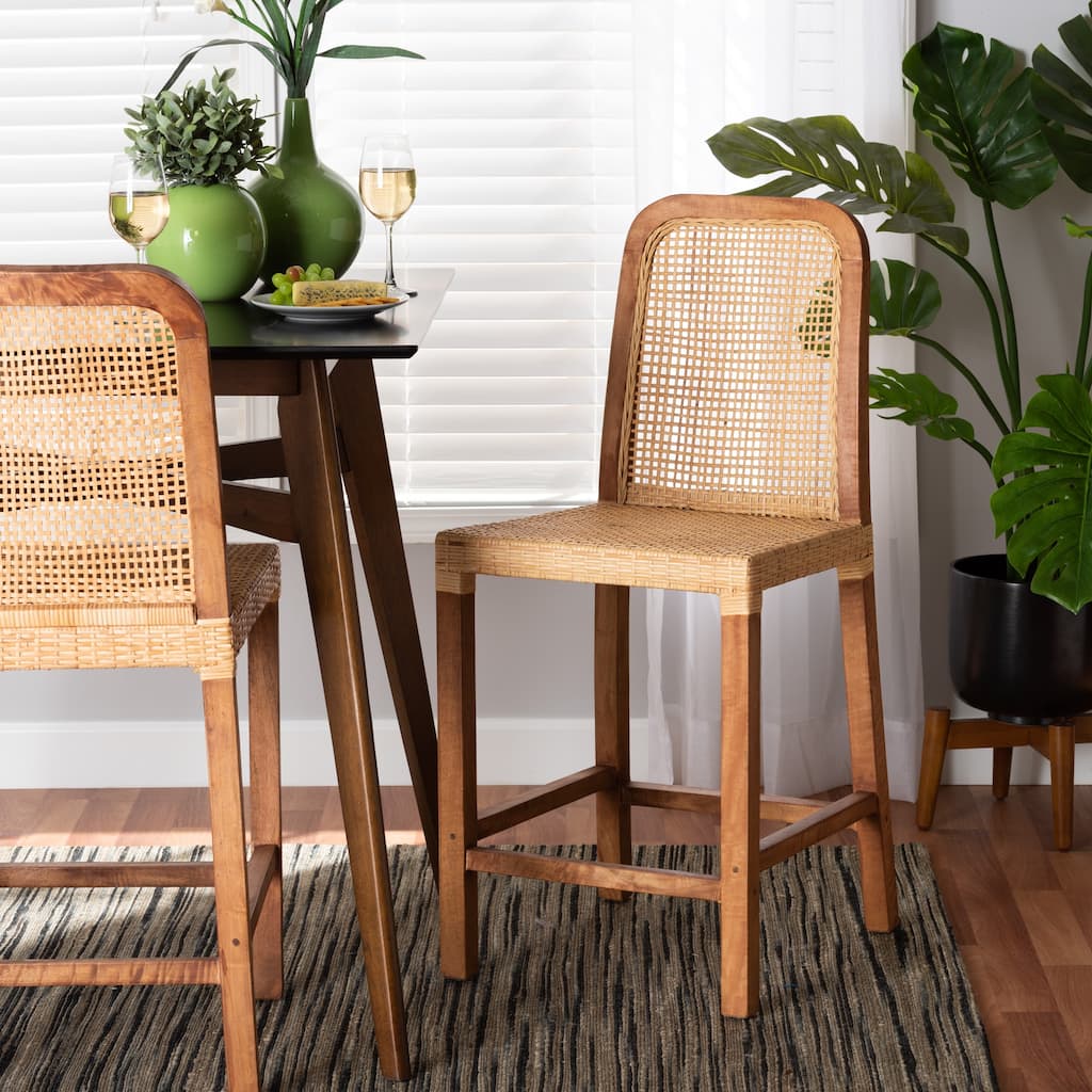 Caspia Mid-Century Mahogany Wood & Natural Rattan Counter Stool