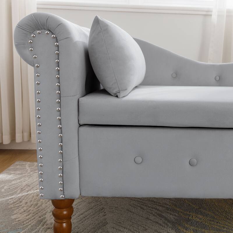 Chaise Lounge Indoor,Lounge Chair with Storage & Pillow,Upholstered Rolled Arm Chase Lounge for Sleeping with Nailhead Trim