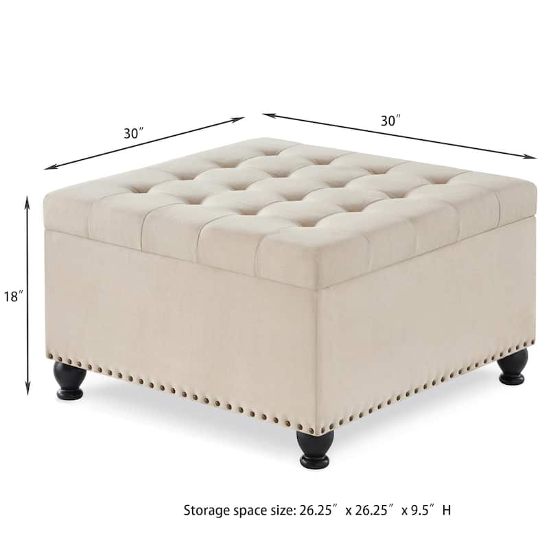 Upholstered Fabric Button Tufted Storage Ottoman with Nail Trims