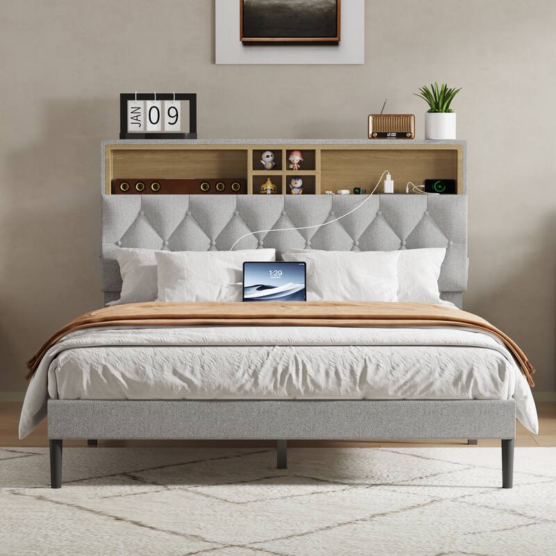 Queen Size Platform Bed Frame with Adjustable Storage Headboard, Built-In Charging Station, Sturdy No-Box Spring Design - Full Gray - Full