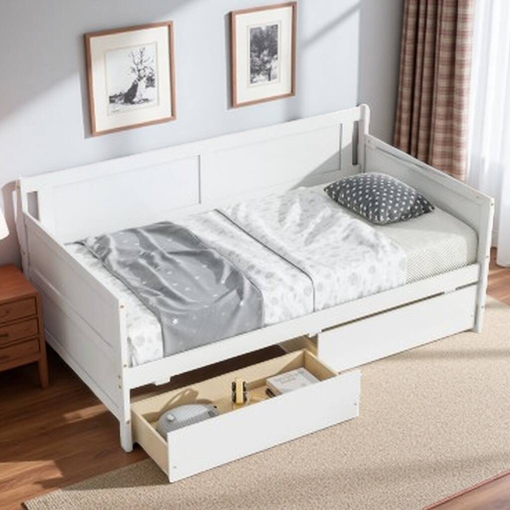 Twin Wooden Daybed Frame with 2 Pull-Out Storage Drawers, Solid Pine Construction, Minimalist Sofa Bed for Bedroom