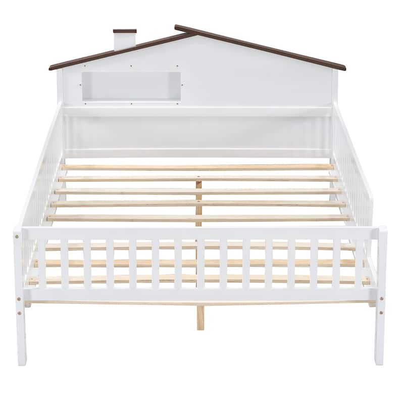 Full Size Wood Platform Bed with House-shaped Headboard,LED & Storage
