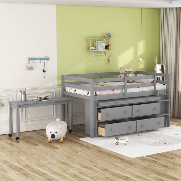 slide 2 of 9, Gray Twin Solid Wood Loft Bed with Writing Desk, Side Desk, Drawers, Shelves