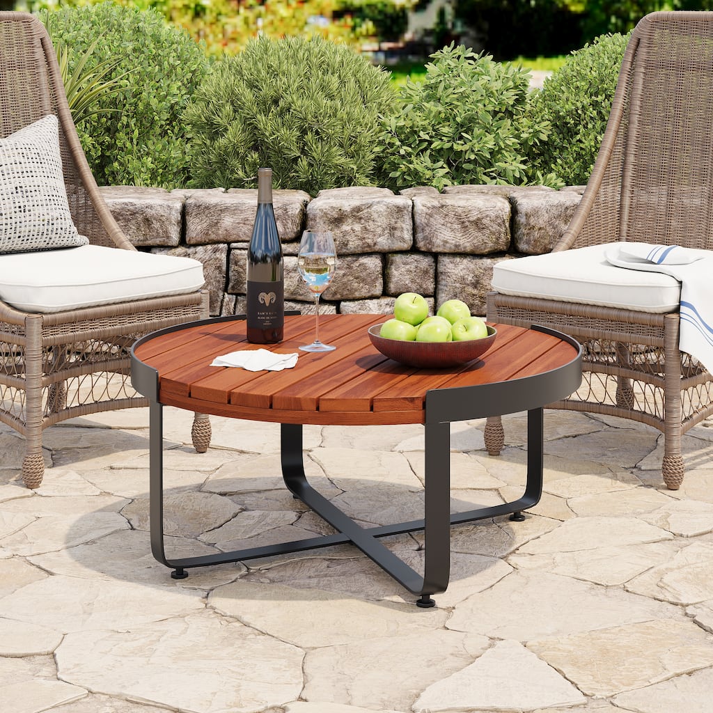 Roomfitters Outdoor Coffee Table with Slatted Mahogany Wood Surface and Sturdy Metal Frame, Modern Patio Accent, Mahogany
