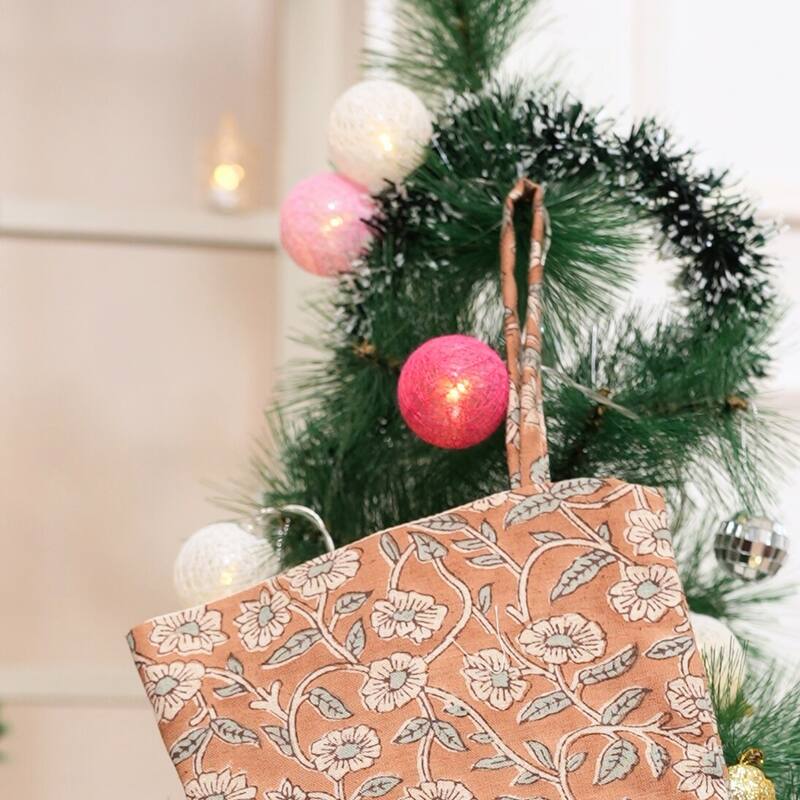 Fabdivine 16x6.5 Inches Hand Floral Block Print Christmas Stockings Tassle and Loop Perfect for Gift - 16"X6.5" - Haridwar- Light Brown, Grey - Christmas Stockings