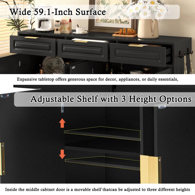 Multi-Functional Storage Buffet with 3 Drawers & 4 Doors, Sideboard with Adjustable Shelf and Open Storage Compartments
