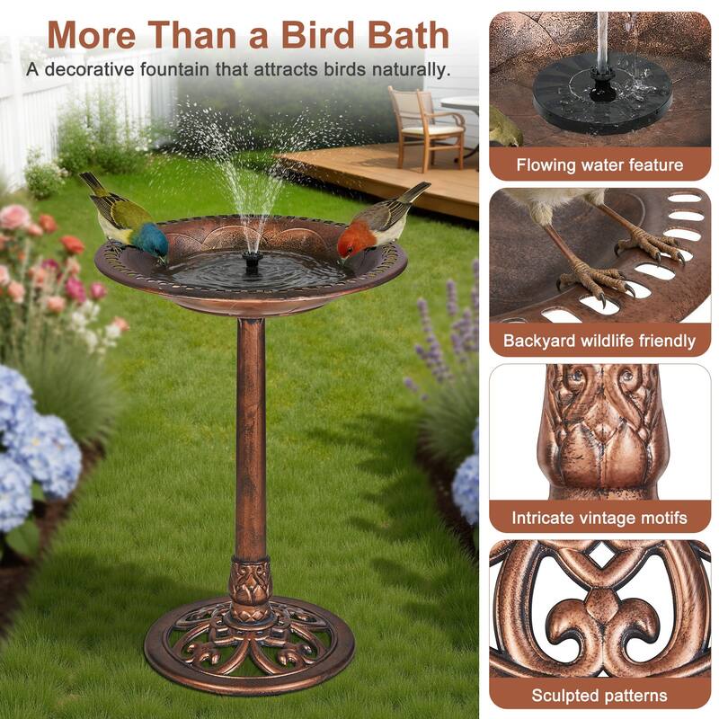 Javlergo 28" Pedestal Outdoor Bird Bath with Solar Powered Fountain for Outside Vintage Bronze Polyresin Lightweight