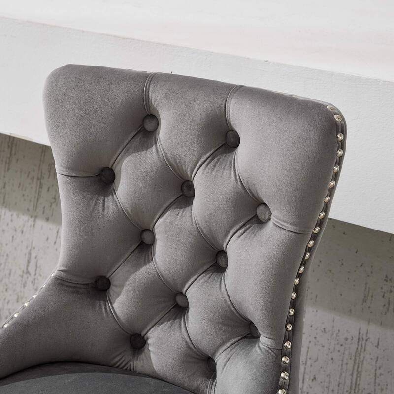 Swivel Barstools Set of 2 Adjustable Height Accent Chair Velvet Upholstered Bar Stools with Nailhead Trim, Tufted and Pull Ring