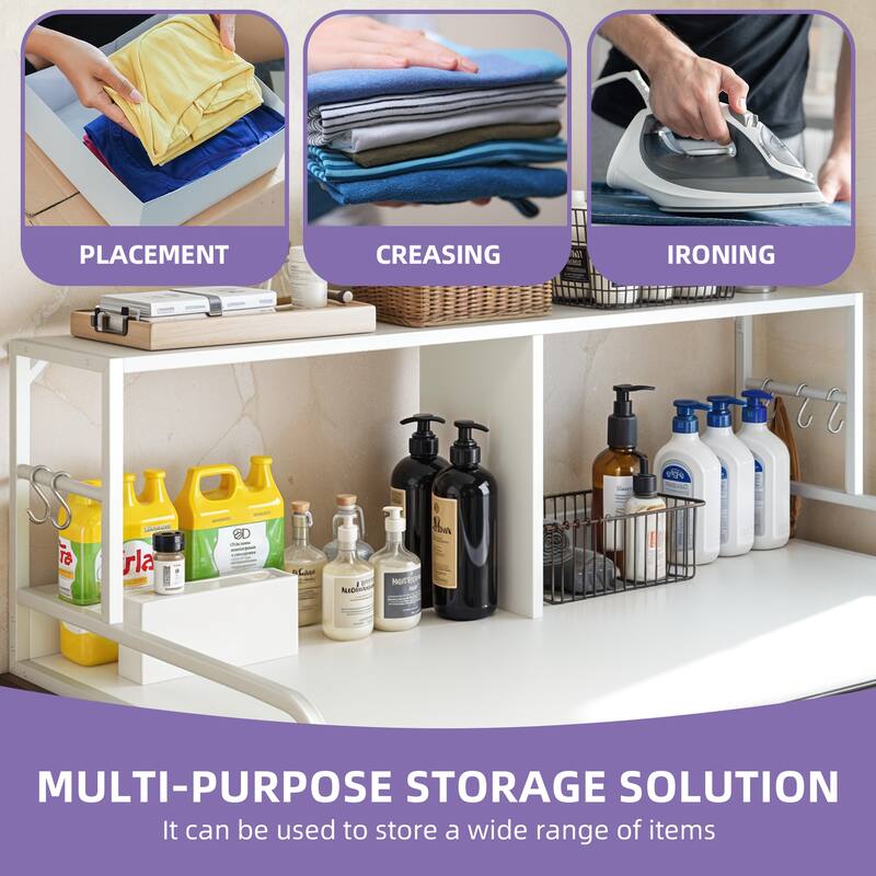 Moasis Laundry Countertop with Double-Layer Storage Shelf and 5 Built-In Hooks