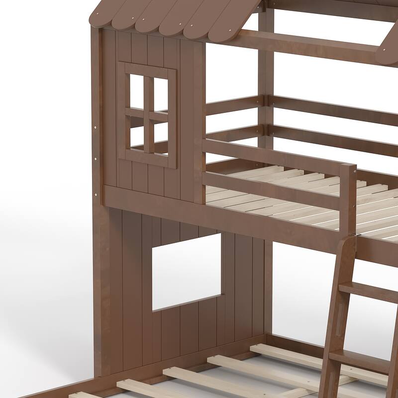 Twin over Full House Bunk Bed with Ladders and Slides, House Floor Bunk Bed with Storage Shelves and Wardrobe