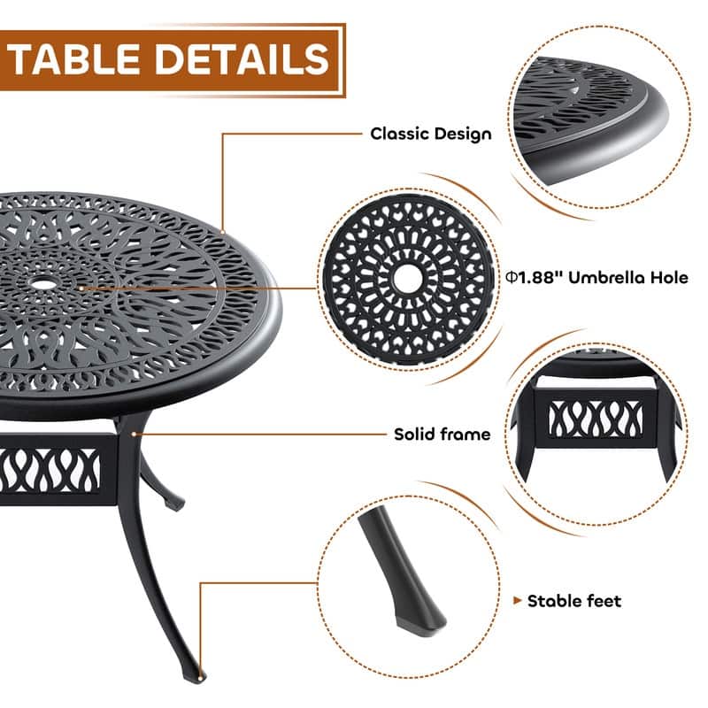 3/5-Piece Cast Aluminum Outdoor Dining Set with 35.43 in. Round Table and Seat Cushions