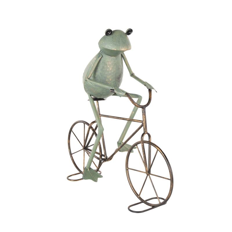 Copper or Green Metal On Bicycle Frog Decorative Garden Sculpture with Gold Accents