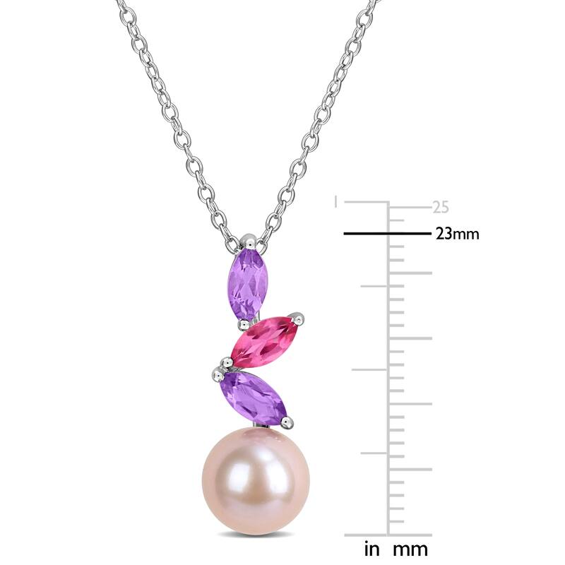 Miadora Pink Cultured Freshwater Pearl 3/4ct TGW African Amethyst and Pink Topaz Necklace Sterling Silver