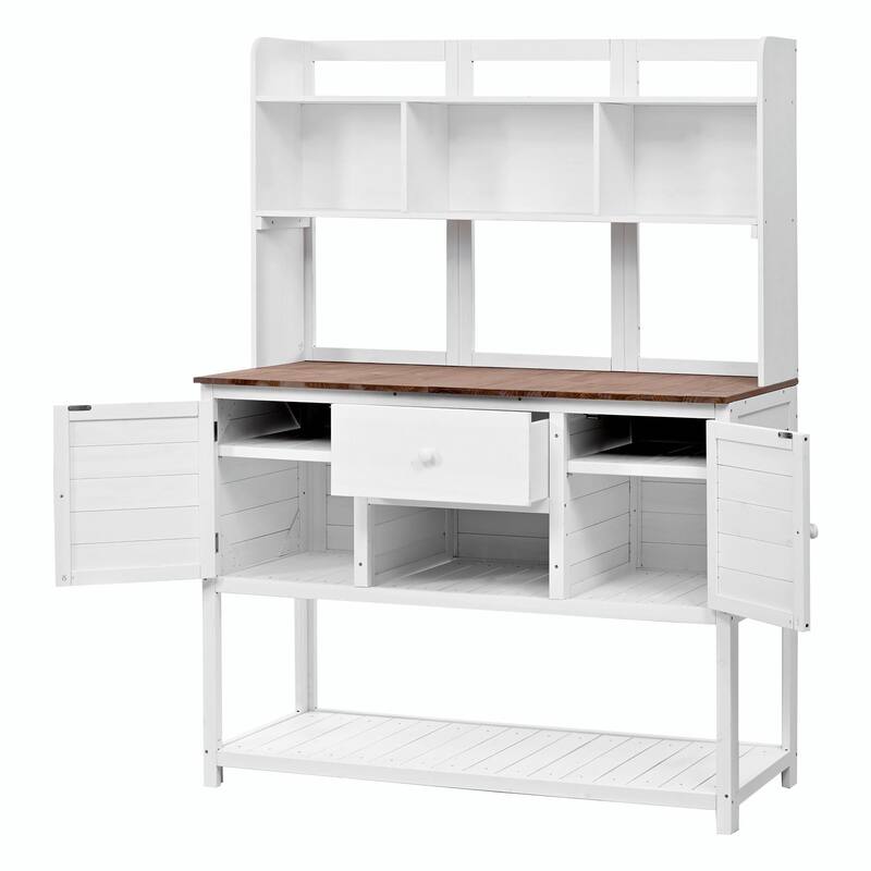 Fir Wood Garden Work Table - Potting Bench with Hutch, Drawer & Adjustable Shelves
