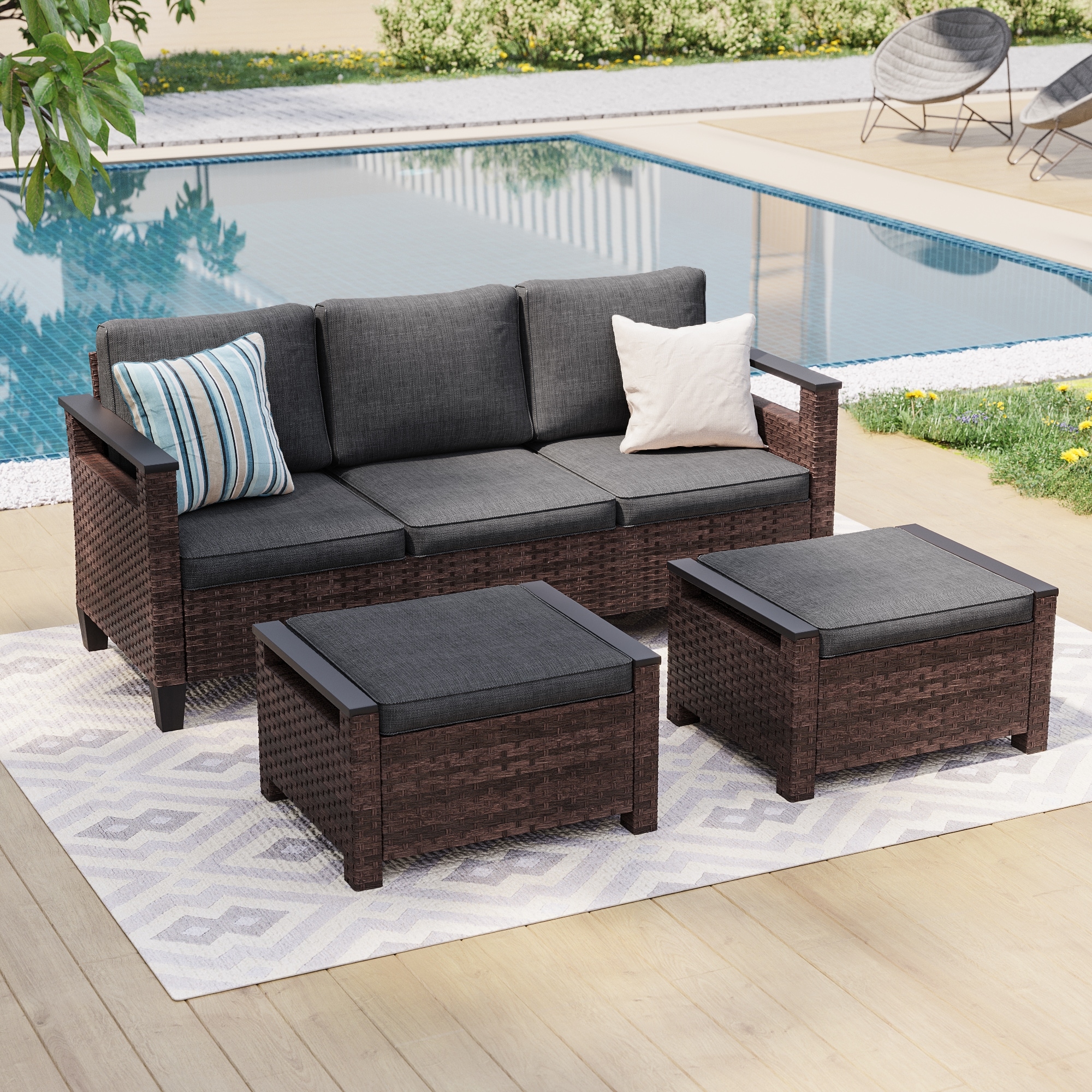 Bonosuki 3 Pieces Patio Sofa with Ottomans, All-Weather PE Rattan Wicker Sofa Small Patio Conversation Couch with Cushion, Brown