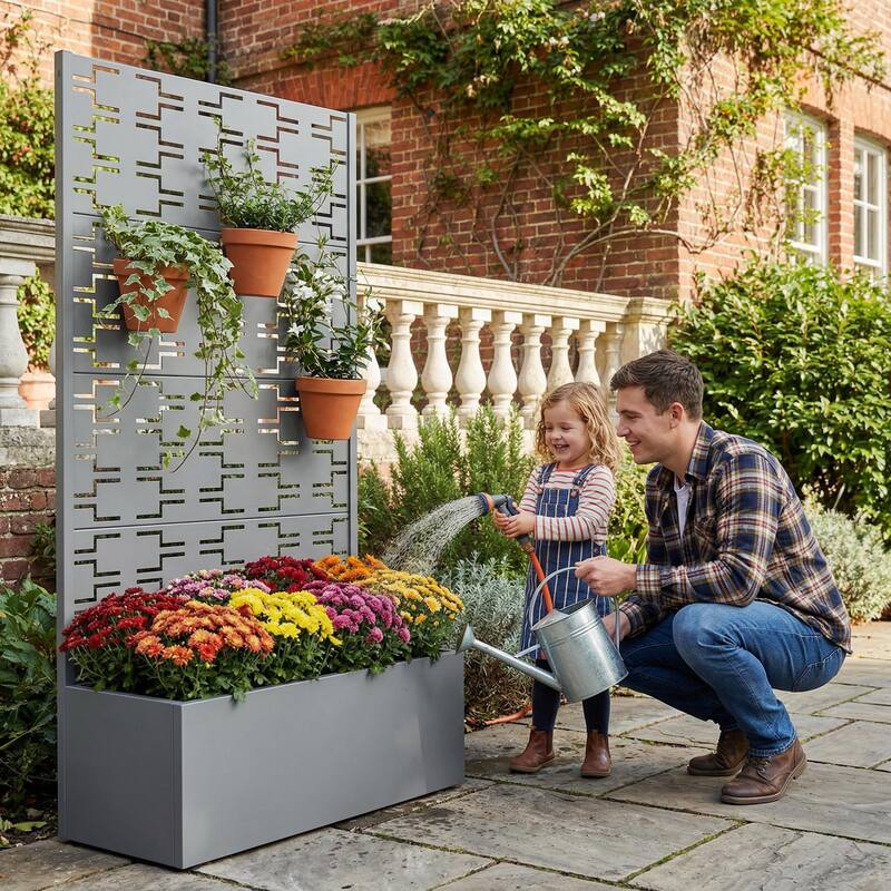 Metal Galvanized Planter Box with Trellis Privacy Screen Lockable Wheels