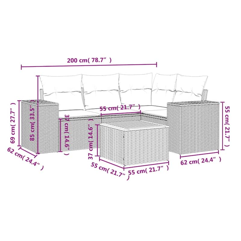 vidaXL Patio Sofa Set with Cushions Outdoor Furniture 5 Piece Poly Rattan - 21.7 x 21.7 x 14.6