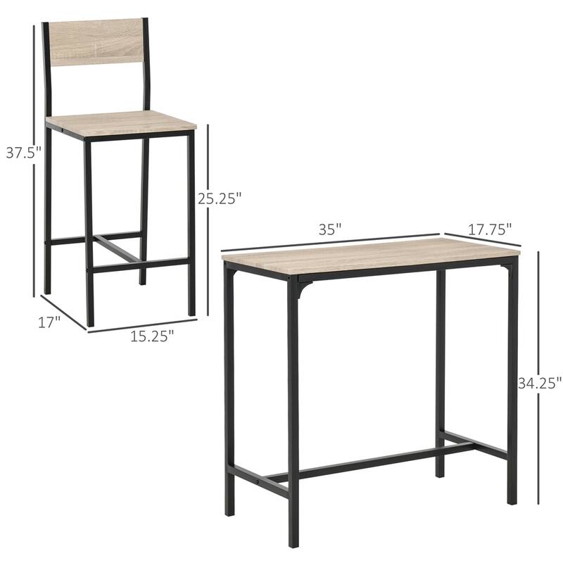 3 Piece Wood Industrial Counter Height Dining Table Set
