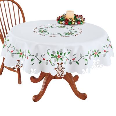 Embroidered Holly Leaves Tablecloth with Intricate Cutwork