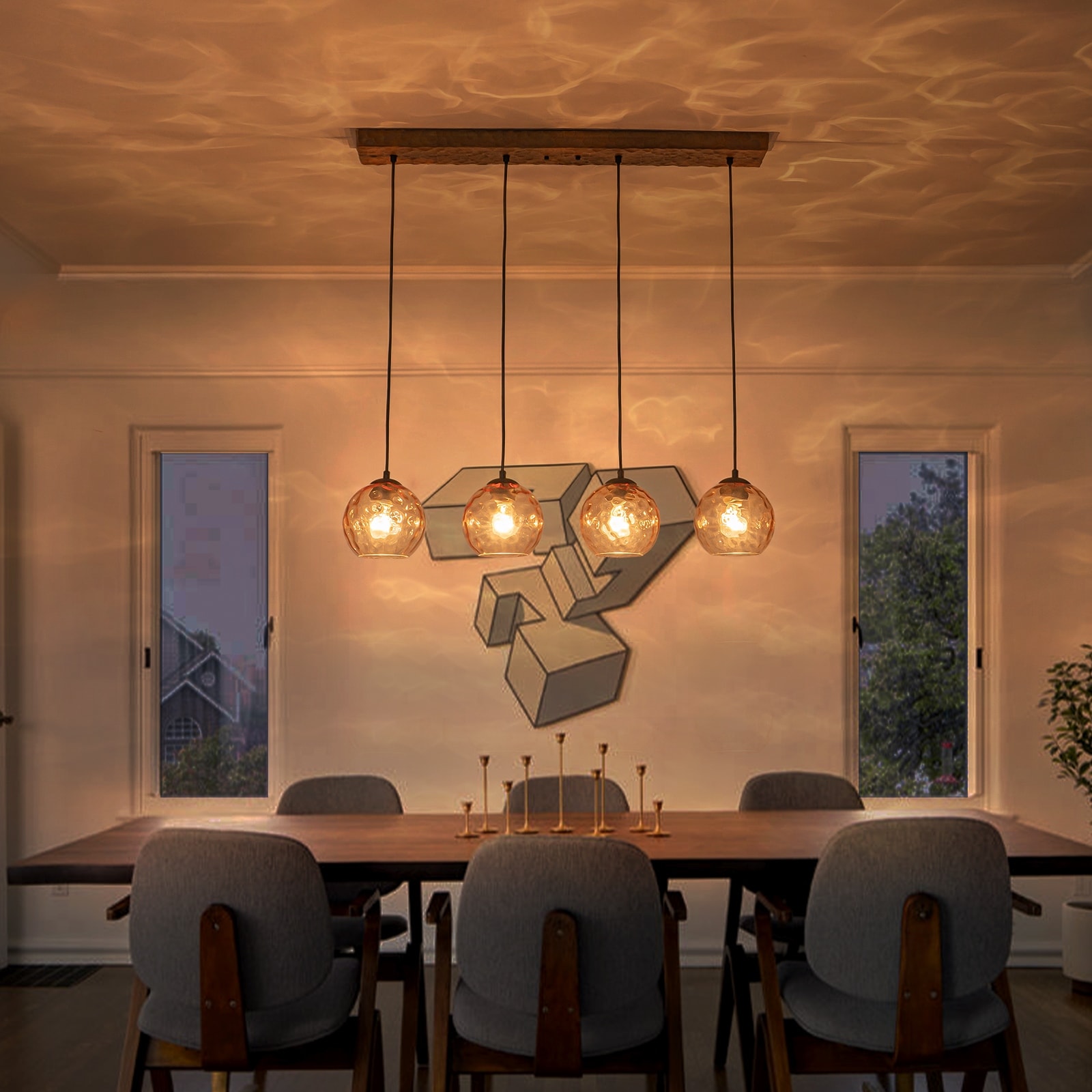 36.61 inch 4-Light Vintage Wood Pendant Lights with Amber Glass Shades - Dia.36.61-in