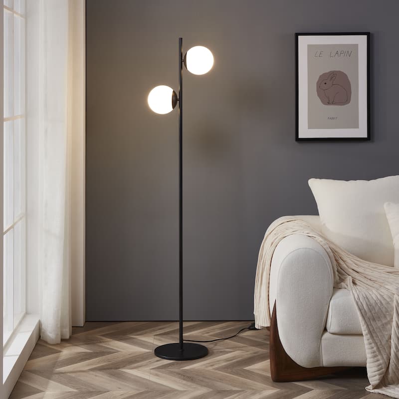 Brightech Sphere 65 in. Classic Black Modern 2-Light LED Super Bright Floor Lamp with 2 Frosted White Glass Globe Shades