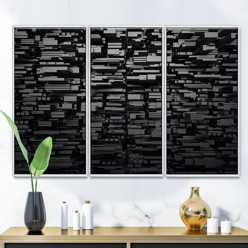 Designart "Black 3D Geometric Background" Abstract Framed Artwork Set of 3 - 4 Colors of Frames