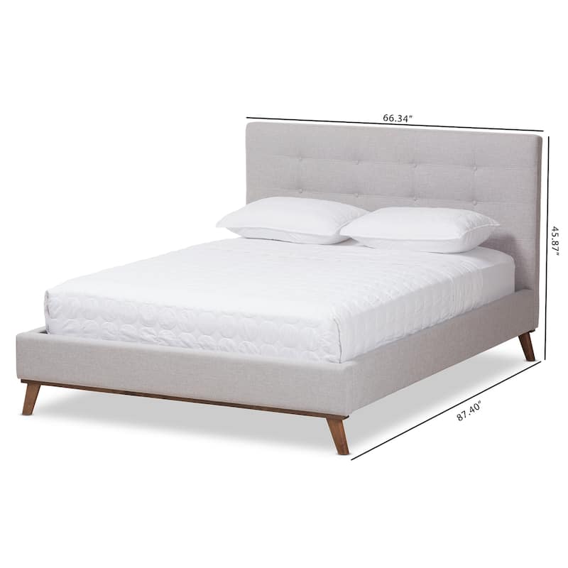 Queen Size Platform Bed - Modern Fabric Bed Frame with Wood Legs - Greyish Beige Bedroom Furniture