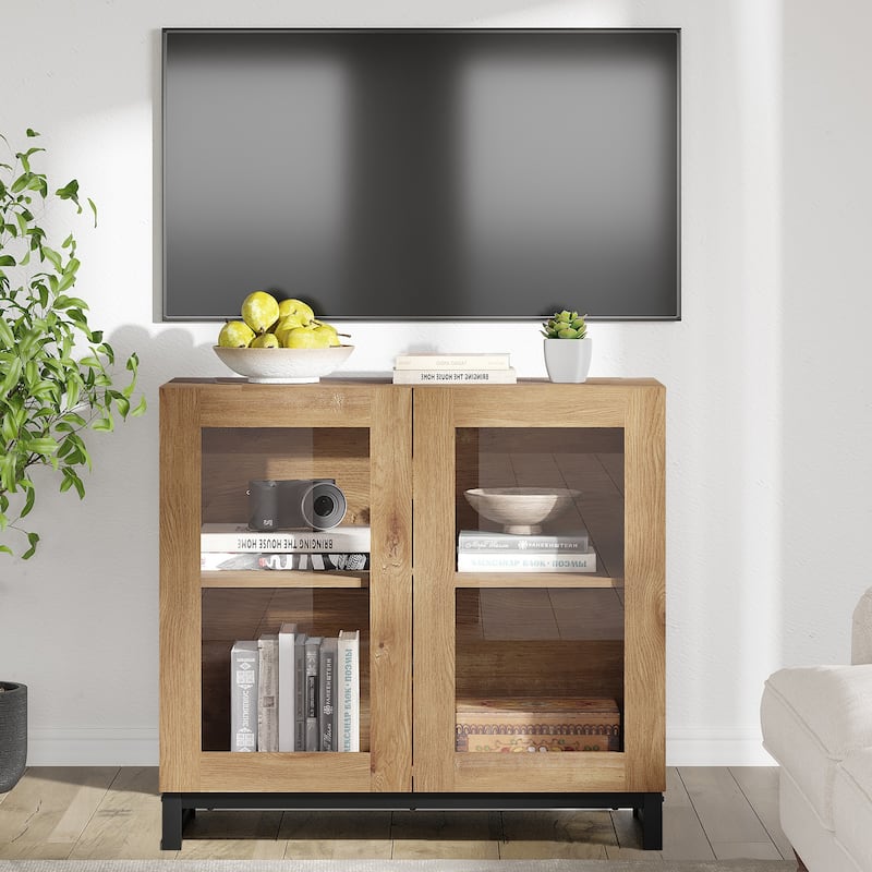 WAMPAT Modern TV Stand with Glass Doors for 110 inch TVs, Entertainment Center Console with Adjustable Shelves and Metal Base
