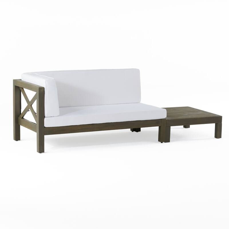 Brava Outdoor Acacia Wood Left Arm Loveseat and Coffee Table Set with Cushion by Christopher Knight Home