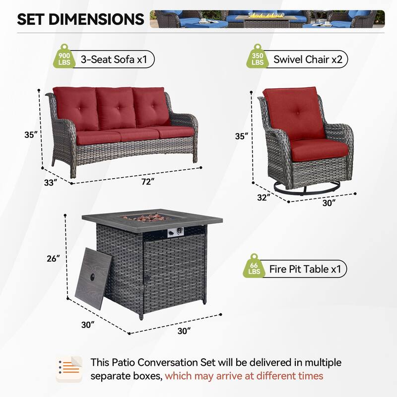 Gymojoy 4-Piece Outdoor Furniture Set, 2 Swivel Glider Chairs, 3-Seat Sofa & 55K BTU Fire Pit Table