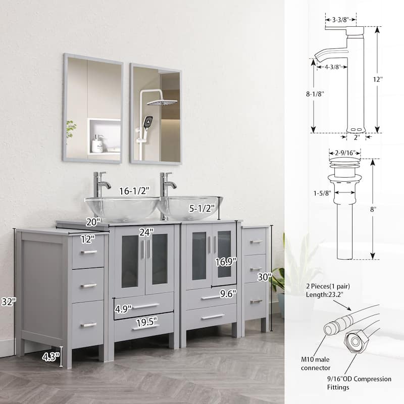 72" Bathroom Vanity Set Glass Ceramic Vessel Sink Side Cabinet Combo
