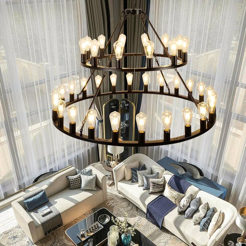 52"Extra Large Wagon Wheel Chandelier, 2 Tier 36-Lights Round High Ceiling Pendant Light Adjustable Chain