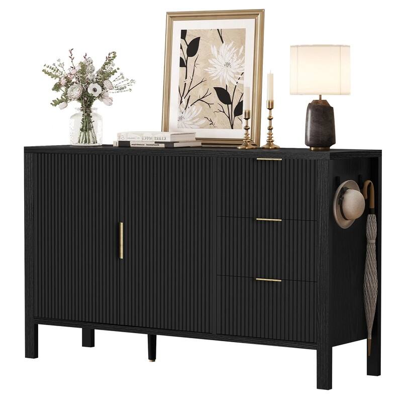 Modern Fluted 2-Door Sideboard with 3 Storage Drawers and Adjustable Hooks for Living Room,Entryway,Hallway