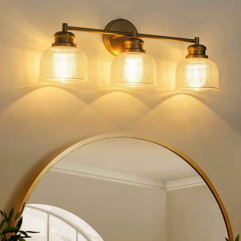 23.8" W 3-Light Retro Industrial Gold Bowl-Shaped Bathroom Vanity Light with Clear Chequered Textured Glass Shades