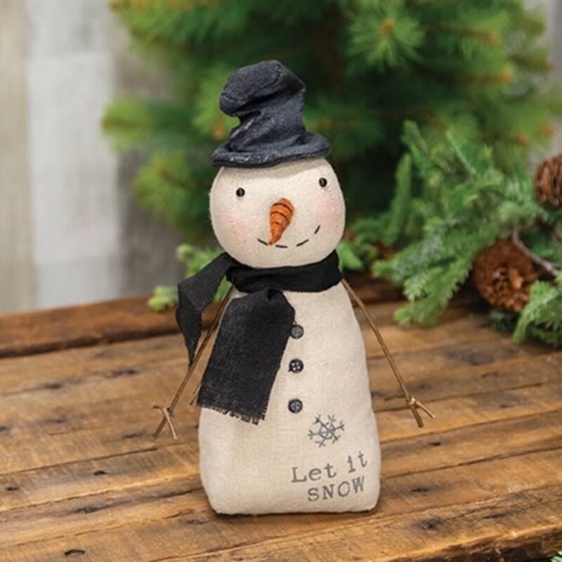 Primitive Stuffed Snowman with Top Hat and Let It Snow Text - 4" x 2.50" x 9"