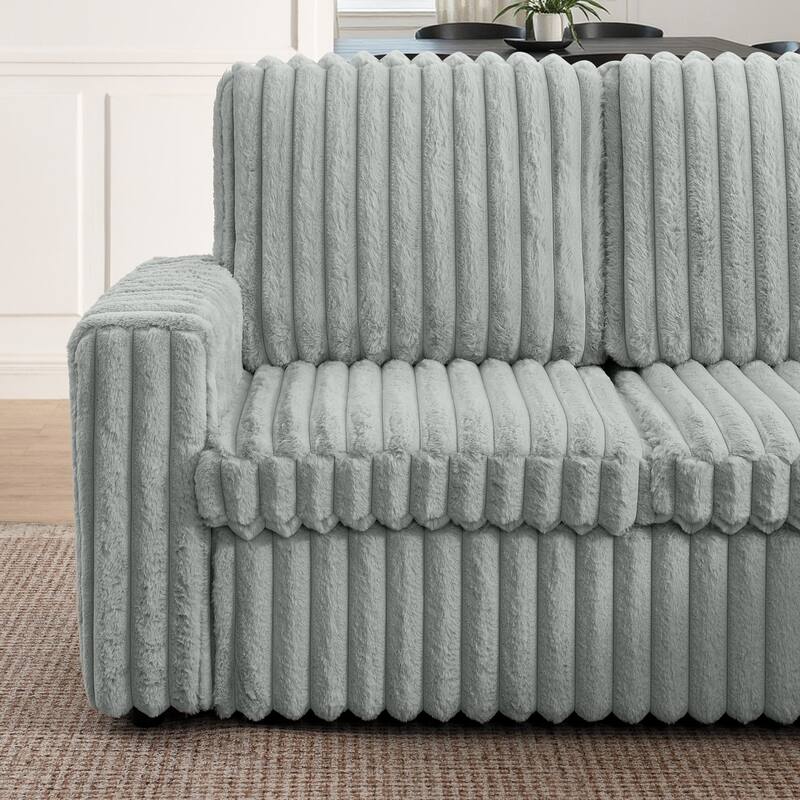 114” Modern Corduroy Striped U-shaped Combination Sofa with Pull-out Bed and Storage Chaise