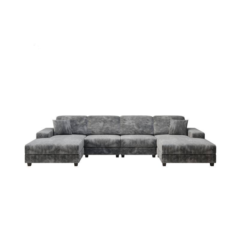 139.76" Corduroy U-Shaped Sectional Sofa with Storage Arms & Pocket Spring Cushions