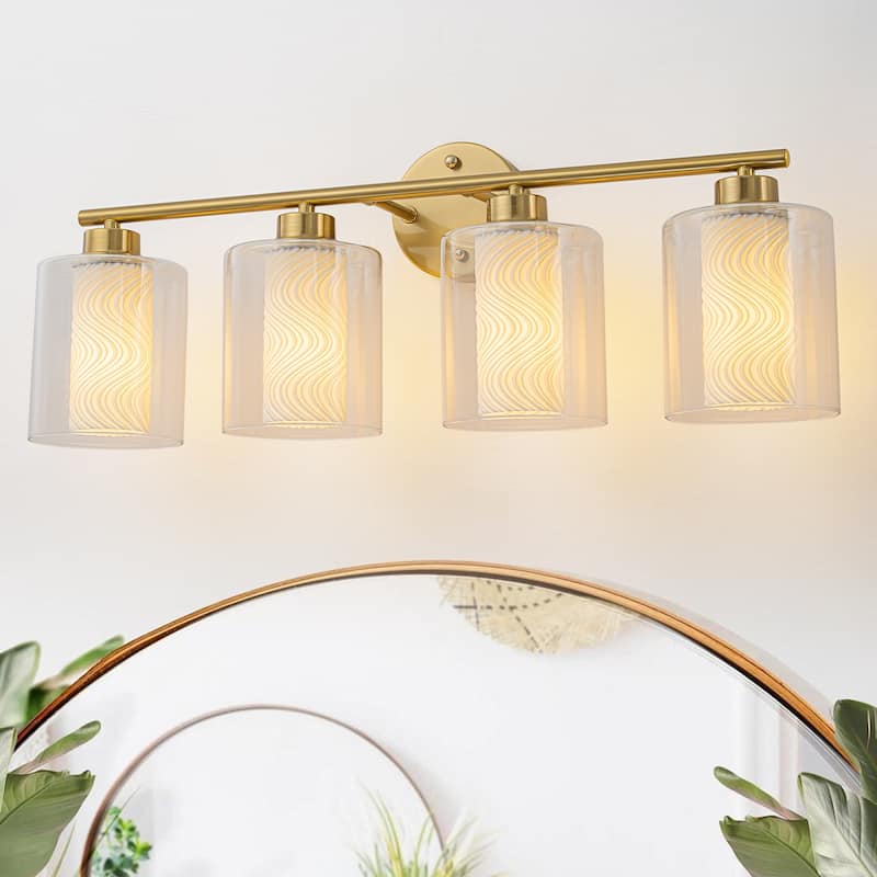 Modern Gold Vanity Light with Double Cylinder Shades Bathroom - 4-Light