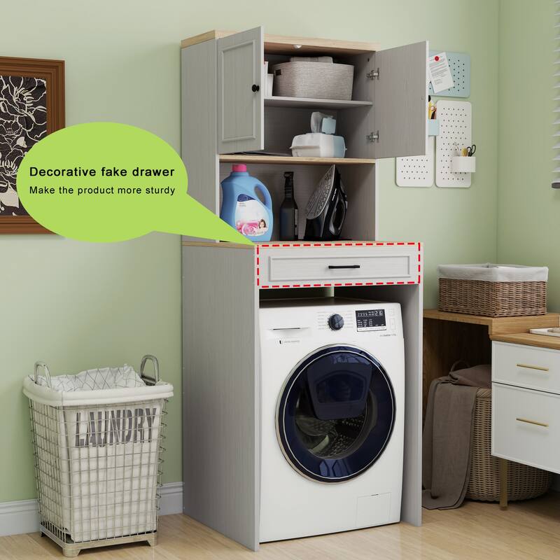 Over-the-Washer and Dryer Storage Cabinet with Adjustable Shelf, Fake Drawer Design, Laundry Room Organizer