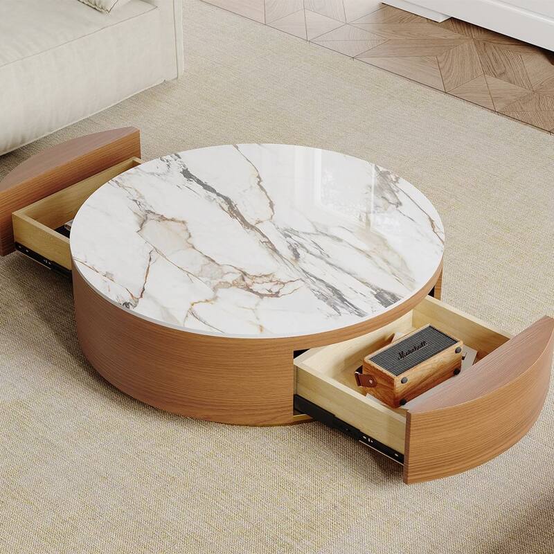 Modern Drum Coffee Table with Oak Veneer, Sintered Stone Coffee Table with 2 Solid Wood Drawers, Fully Assembled, White
