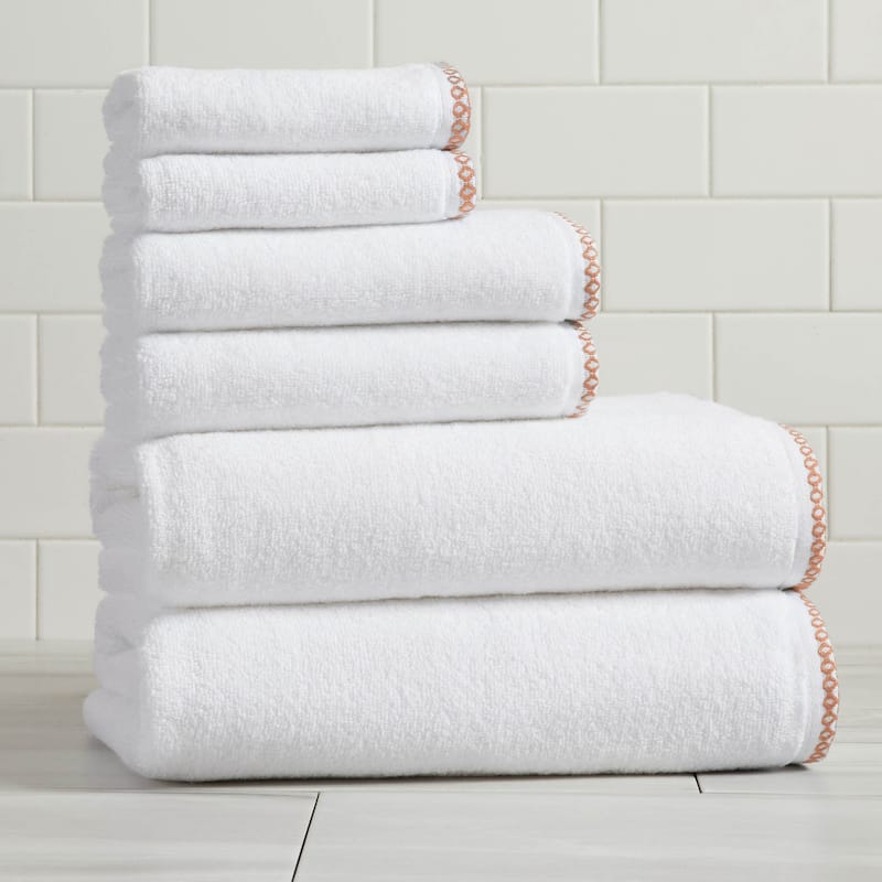 Linery & Co. Quick-Dry Cotton and Decorative Border Towel Set - 6 Piece Set - White / Clay