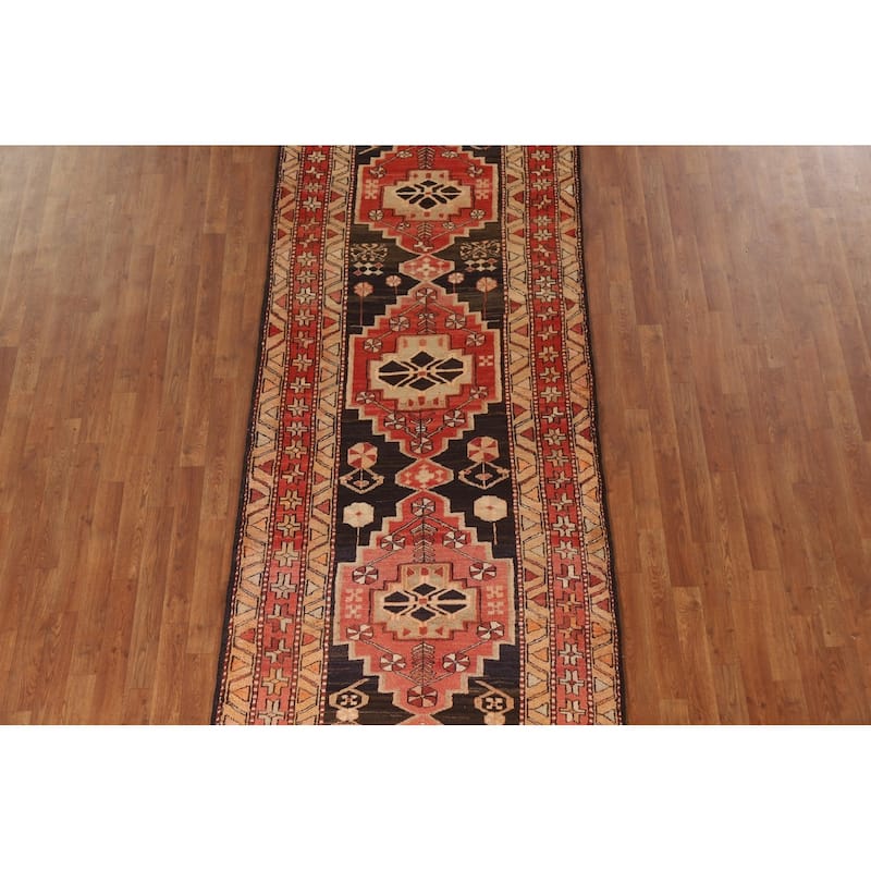 Geometric Ardebil Persian Vintage Runner Rug Handmade Wool Carpet - 3'10"x 10'0"