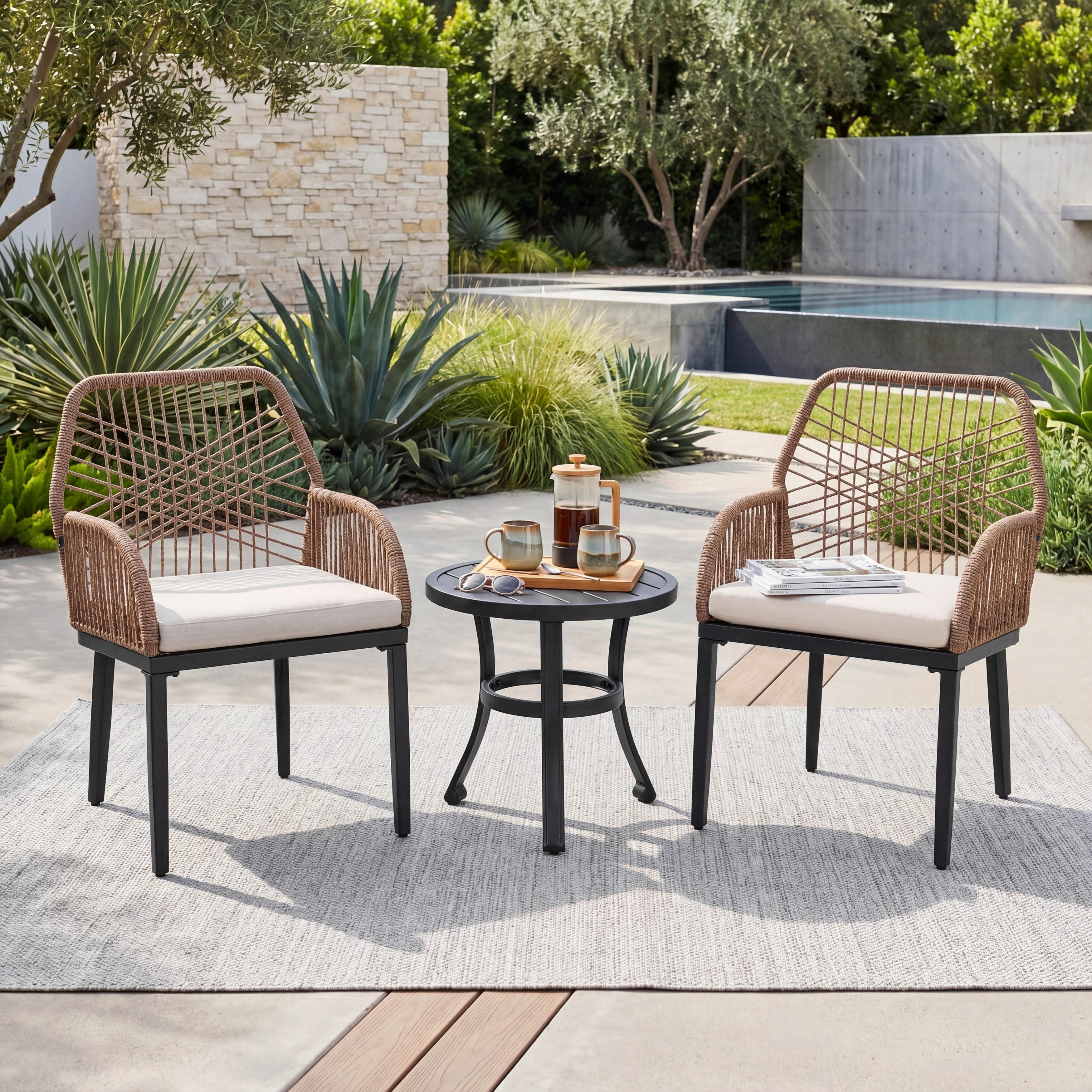 Nuu Garden 3-Piece Rattan Outdoor Bistro Set with Cushions and Coffee Table