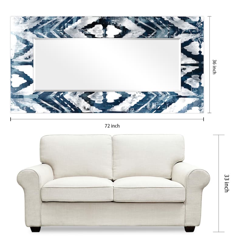 "Indigo Extraction "Abstract Rectangular Beveled Wall Mirror on Free Floating Printed Glass - Clear - 72 x 36
