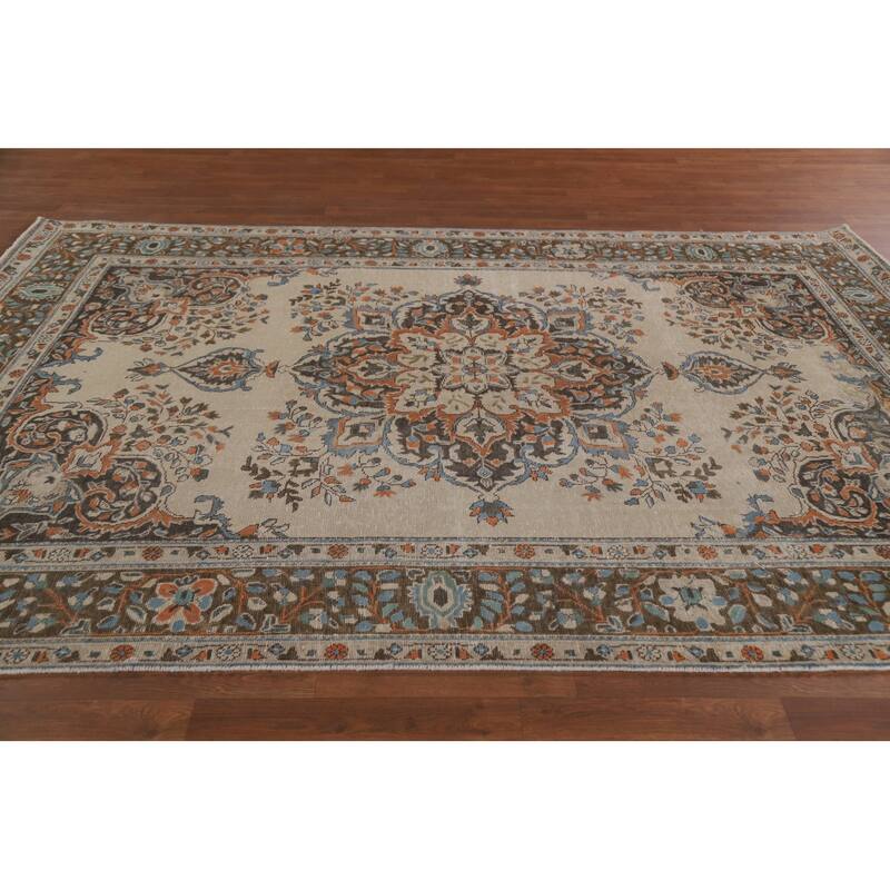 Hand Knotted Oriental 100% Wool Carpet Traditional Floral Beige & Ivories Tabriz Area Rug - 9' 8'' X 6' 5''