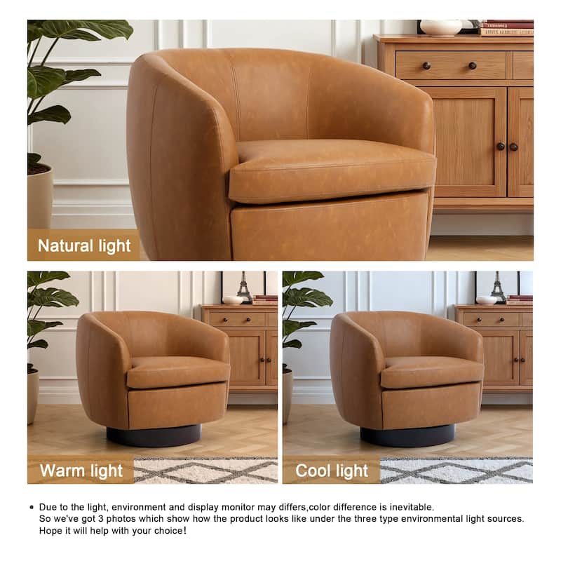 Low Back PU Leather Barrel Chair 360° Swivel Accent Chair for Living Room