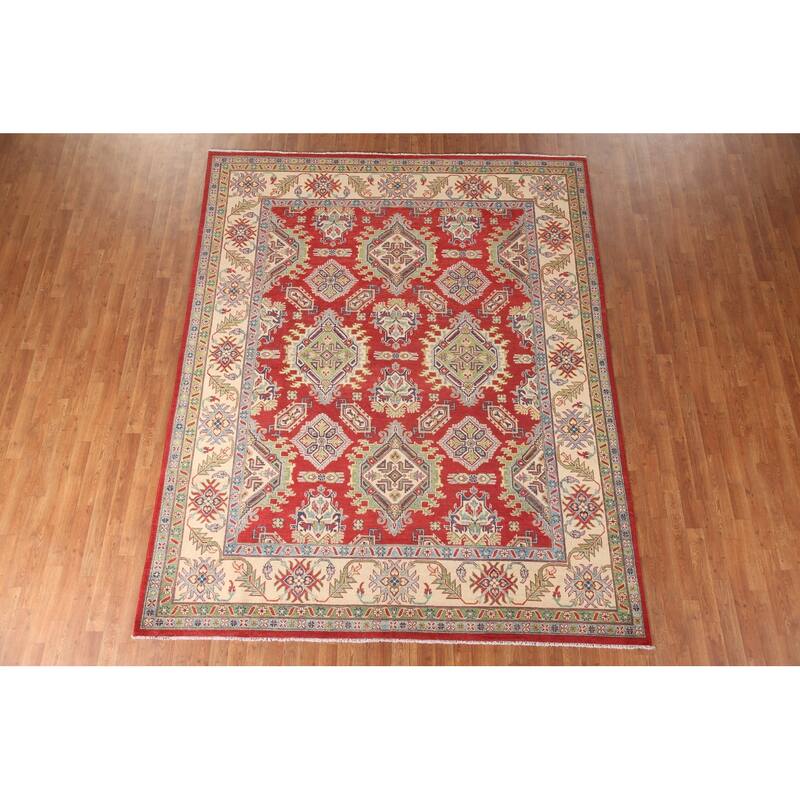 Red Geometric Kazak Area Rug Handmade Wool Carpet - 7'11" x 9'11"