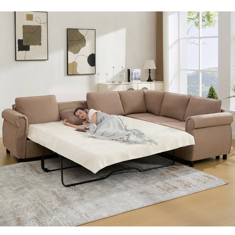 2 in 1 Pull Out 6 Seater L Shaped Sleeper Sectional Sofa Bed, 104" Brown